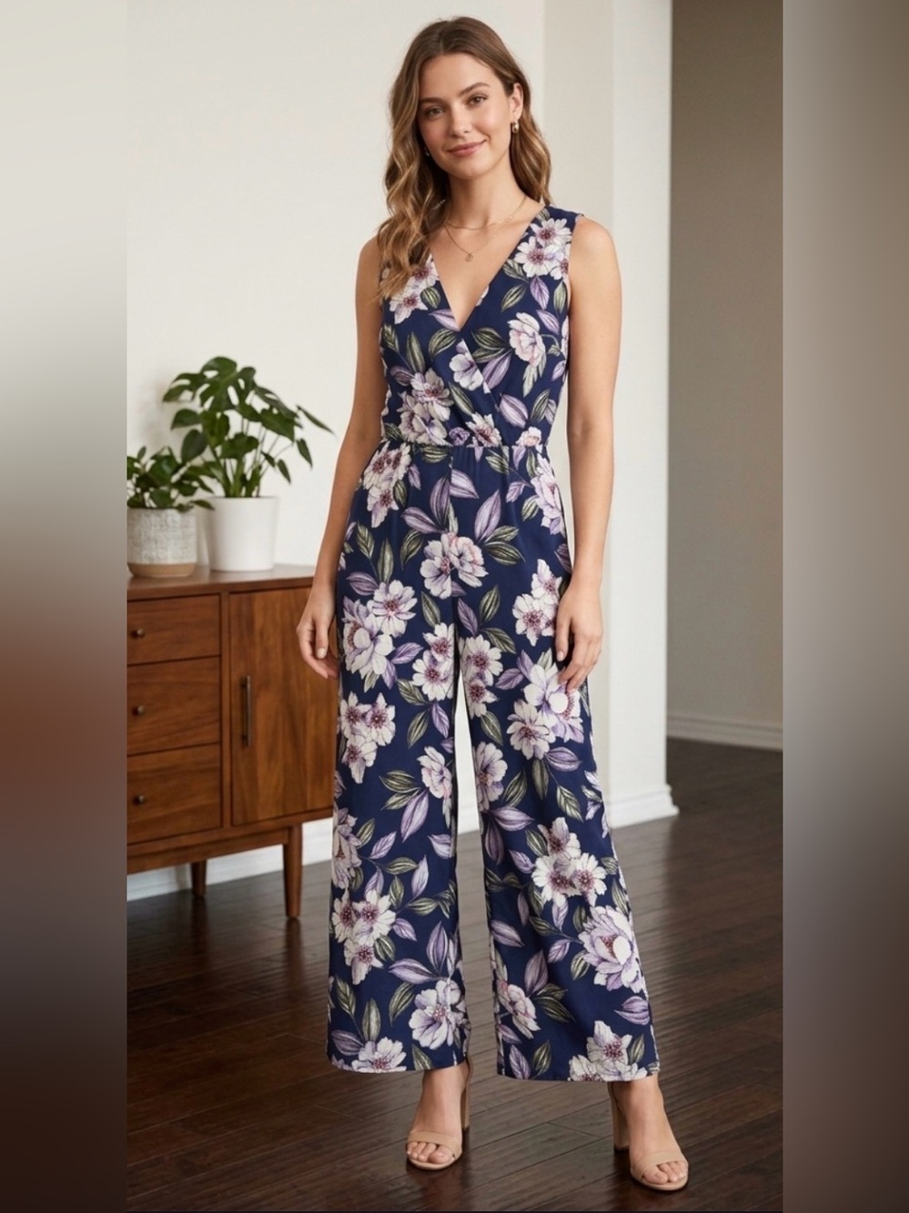 As U Wish Navy Floral Wide Leg Jumpsuit - Small - Faux Wrap V-Neck